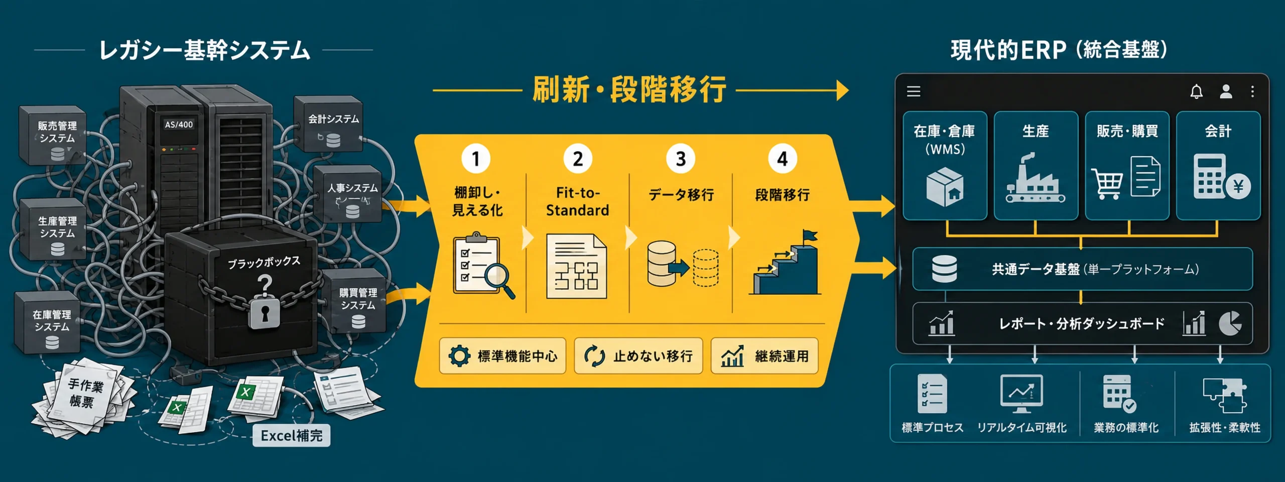 レガシー基幹システムから現代的なERPへ刷新するイメージ