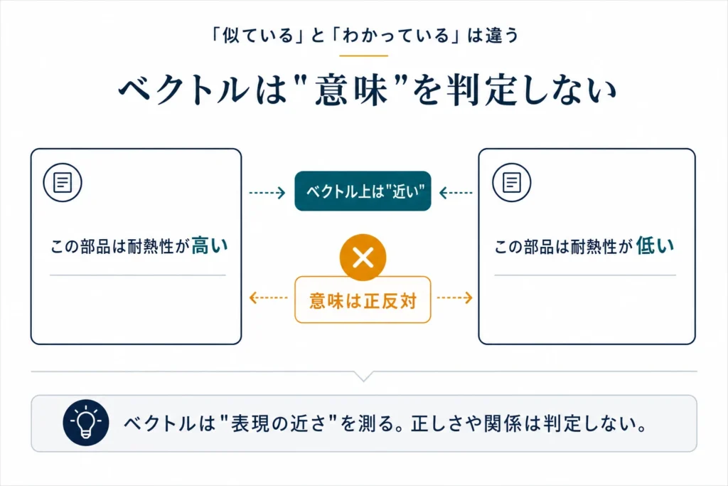 「耐熱性が高い」と「耐熱性が低い」がベクトル上は近いのに意味は正反対であることを示す、意味検索の落とし穴の図